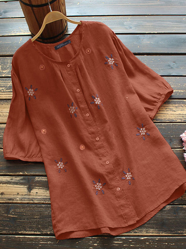 European And American Embroidered Crew Neck Button Short Sleeve