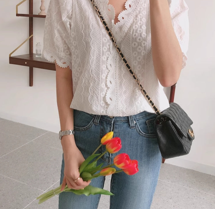 Summer Sweet V-neck Lace Puff Sleeve Shirt