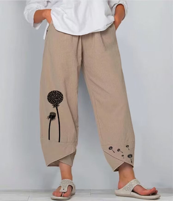 Women's Casual Printed Cotton And Linen High Waist Cropped Pants