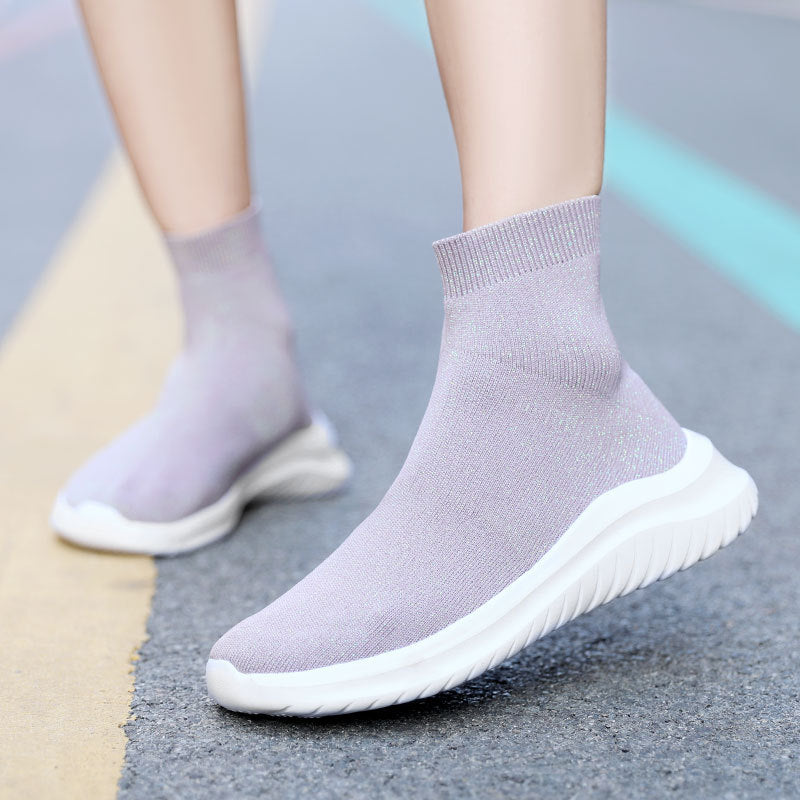 Flying Woven High-top Black And Round Flat White Shoes Women