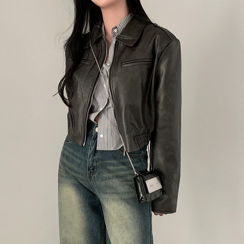 Women's Retro Hong Kong Style Lapel Long-sleeved Leather Jacket