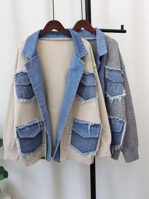 Denim Stitching Sweater Coat For Women