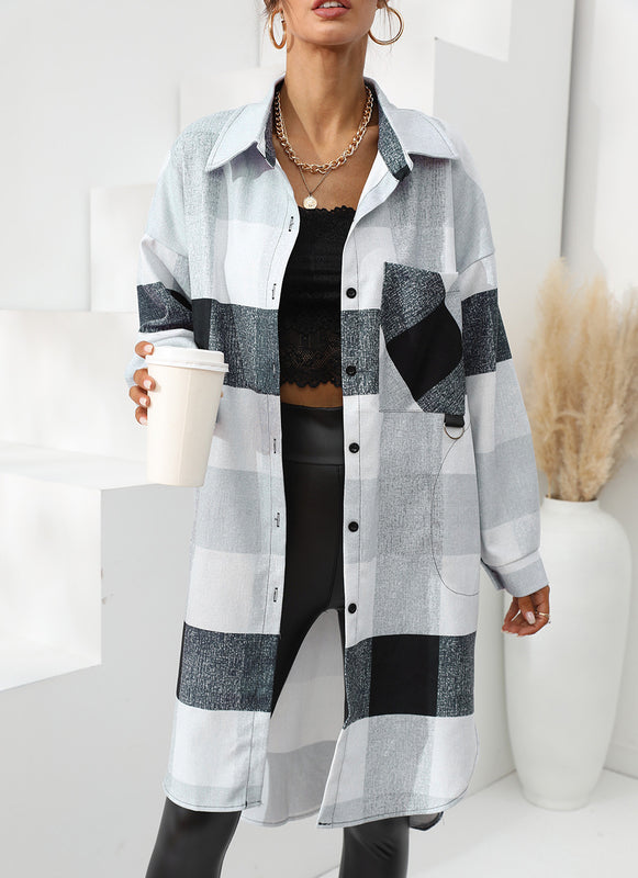 Women's Autumn And Winter Plaid Single-breasted Long Coat