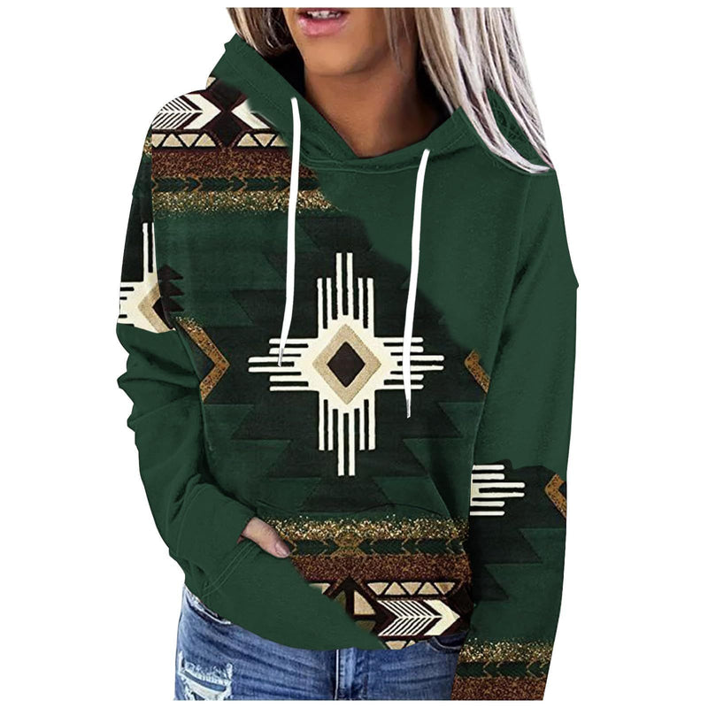 Women's Hooded Multicolor Printing Sports Pocket Drawstring 3D Retro Sweater