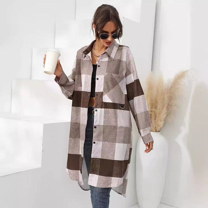 Women's Autumn And Winter Plaid Single-breasted Long Coat