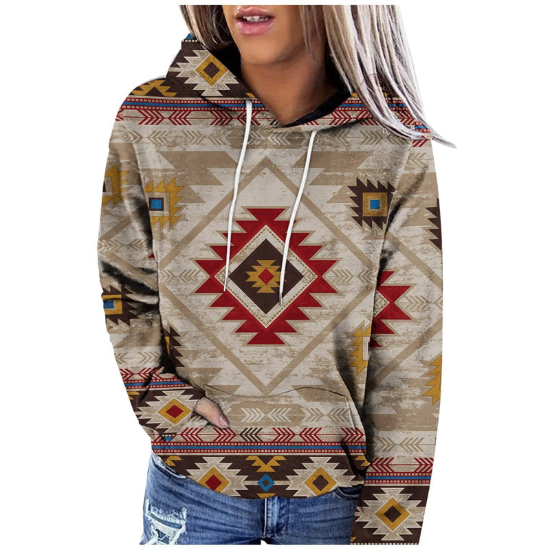 Women's Hooded Multicolor Printing Sports Pocket Drawstring 3D Retro Sweater