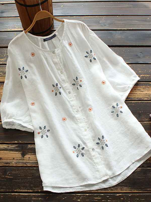 European And American Embroidered Crew Neck Button Short Sleeve