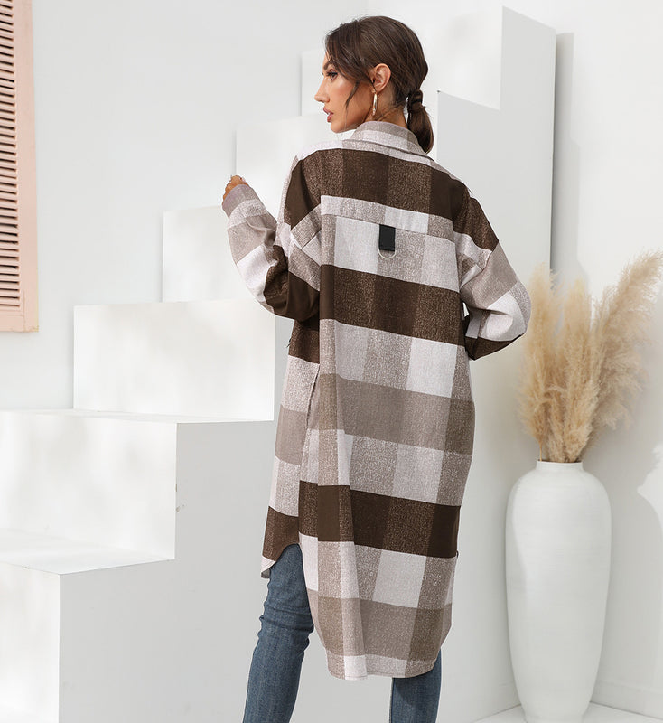 Women's Autumn And Winter Plaid Single-breasted Long Coat