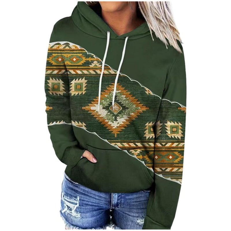 Women's Hooded Multicolor Printing Sports Pocket Drawstring 3D Retro Sweater