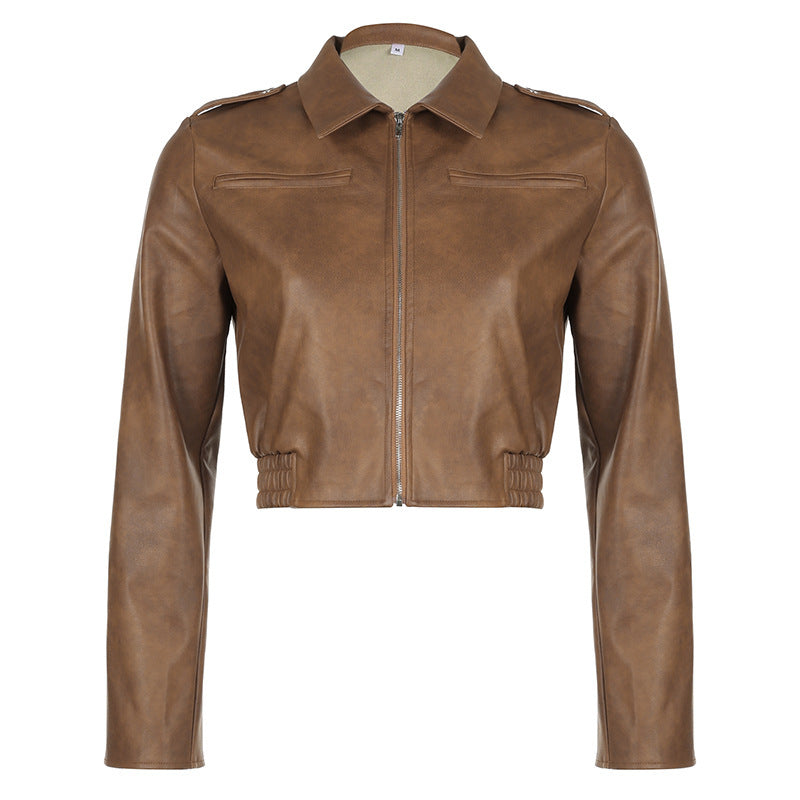 Women's Retro Hong Kong Style Lapel Long-sleeved Leather Jacket