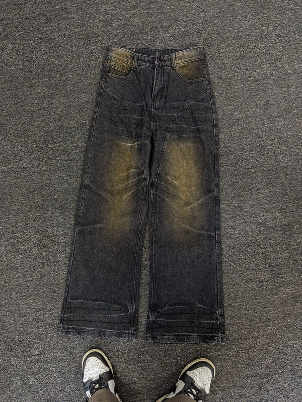 Washed Straight Dirty Mud Textured Deconstructed Jeans