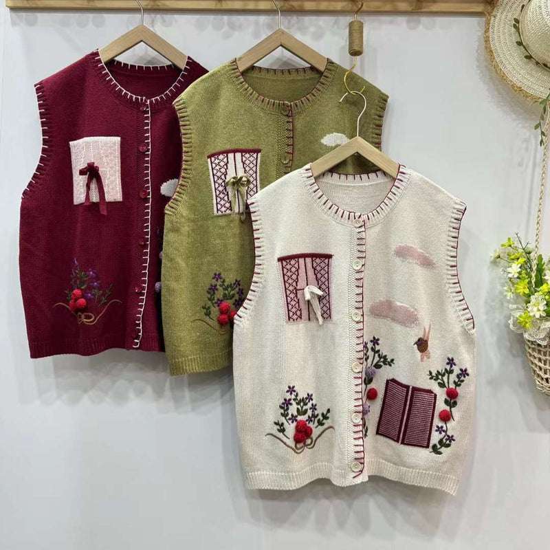 Embroidered Mori Style Mori Girl Retro Literary Cardigan Vest