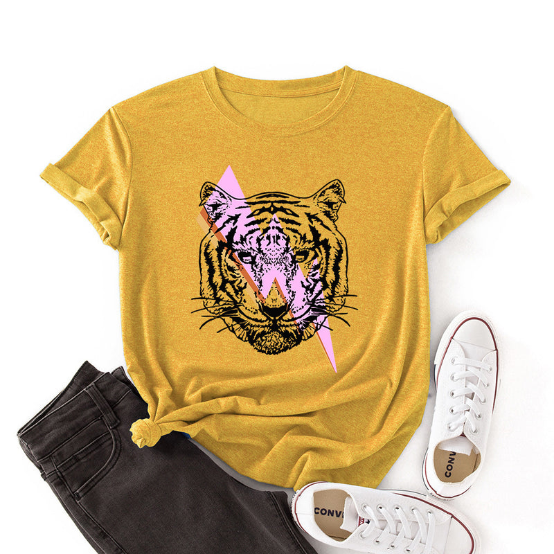 Women's Lightning Tiger Loose Round Neck Color Cotton Short Sleeve T-Shirt