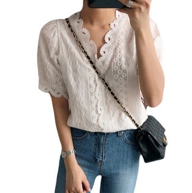 Summer Sweet V-neck Lace Puff Sleeve Shirt