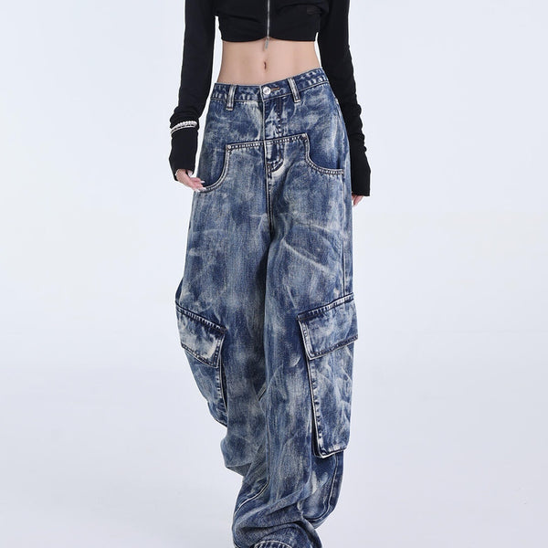 Retro Heavy Industry Washed Tie-dyed Jeans Straight Wide Leg Overalls