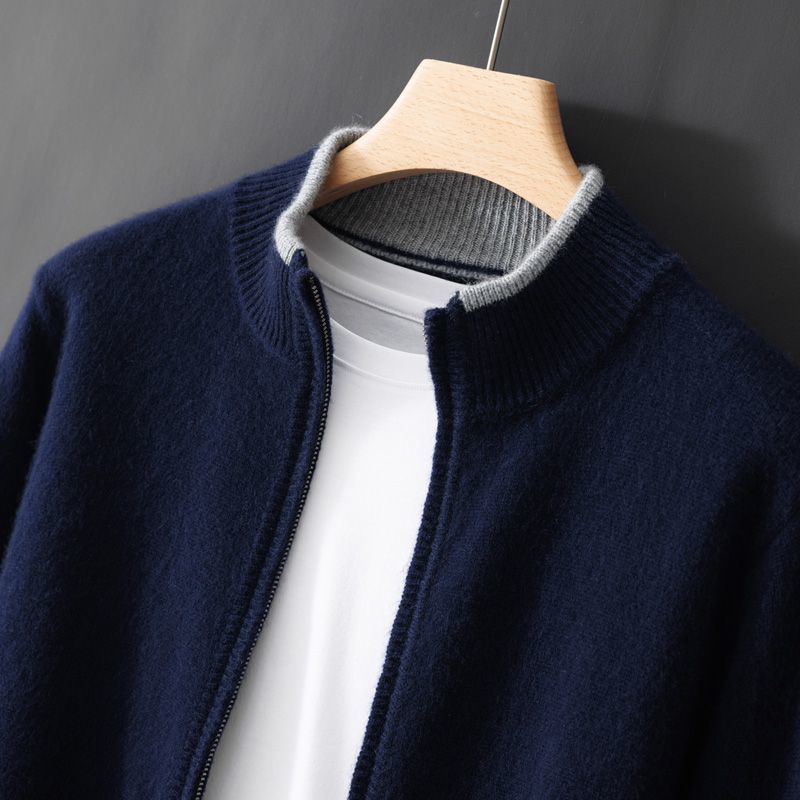 Fashion Cardigan Men's Stand Collar Zipper Color Stitching Thickened Sweater