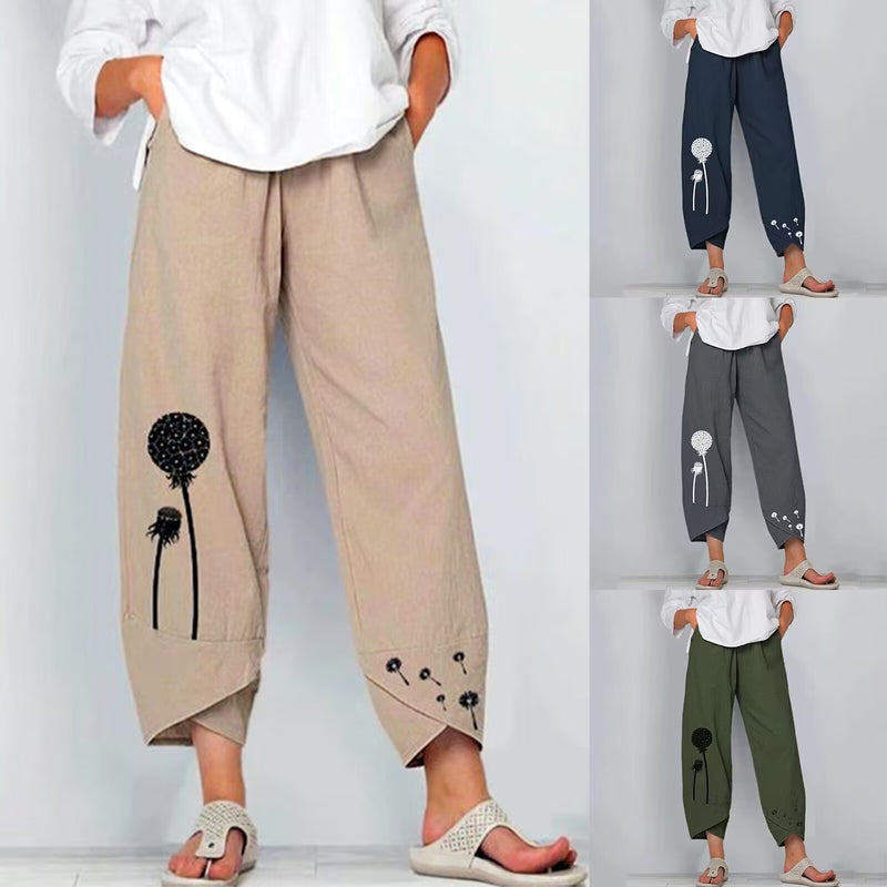 Women's Casual Printed Cotton And Linen High Waist Cropped Pants