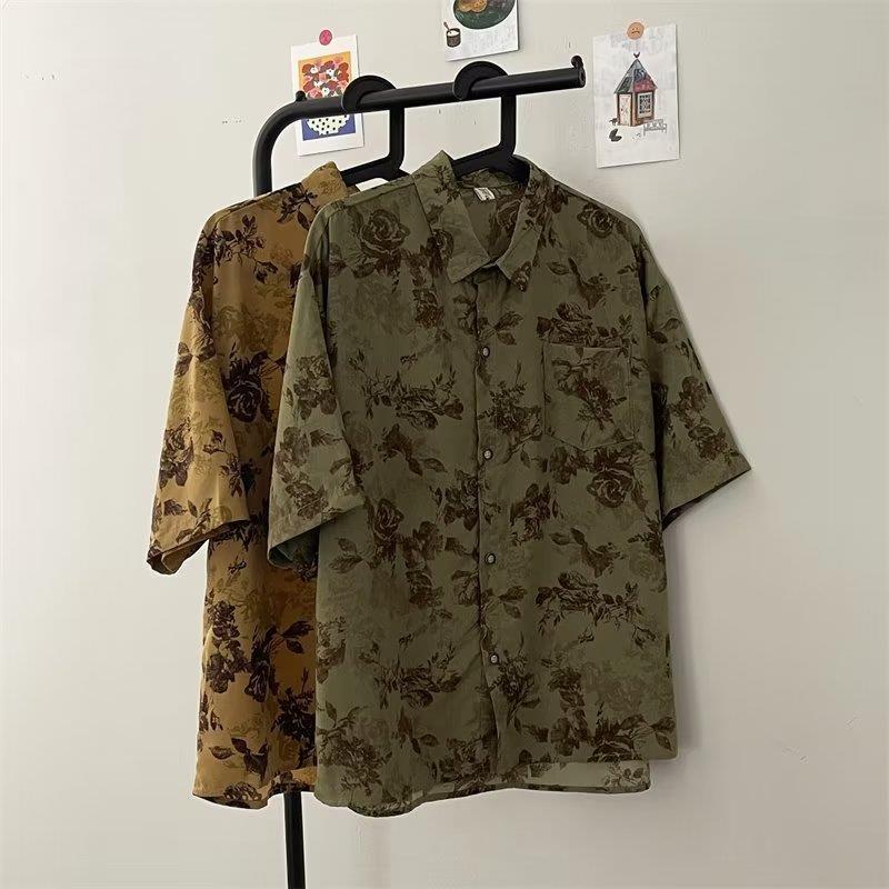 Retro Style Floral Short-sleeved Shirt Women's Niche Hong Kong Style Flower Shirt Top