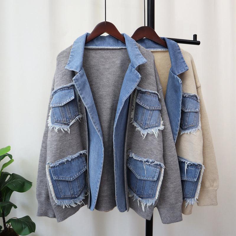 Denim Stitching Sweater Coat For Women