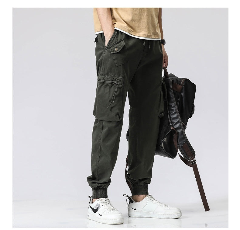 Casual Pants Trendy Brand Elastic Waist Men's Youth Simple Pure Cotton Multi-pocket Work Pants Trousers Ankle-tied