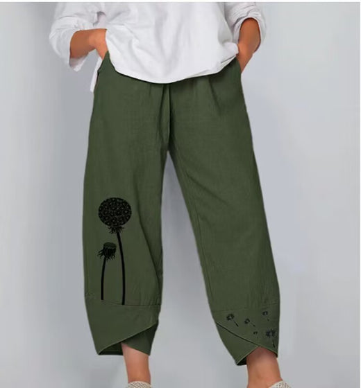 Women's Casual Printed Cotton And Linen High Waist Cropped Pants