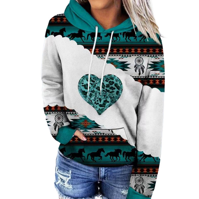 Women's Hooded Multicolor Printing Sports Pocket Drawstring 3D Retro Sweater