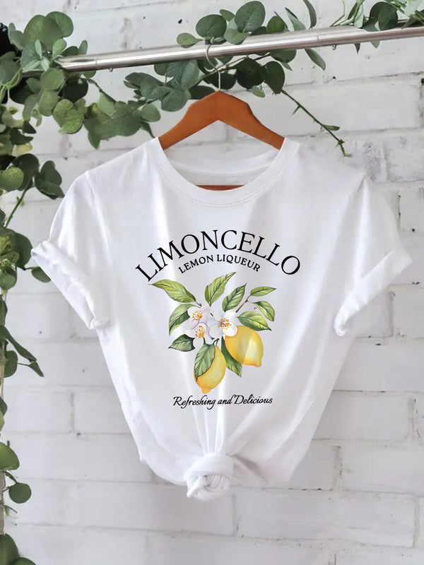 European And American Round Neck Lemon T-shirt For Women