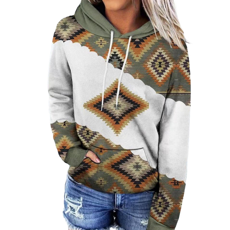 Women's Hooded Multicolor Printing Sports Pocket Drawstring 3D Retro Sweater