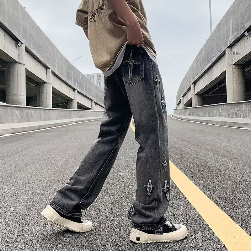 Zipper Loose Denim Trousers Men