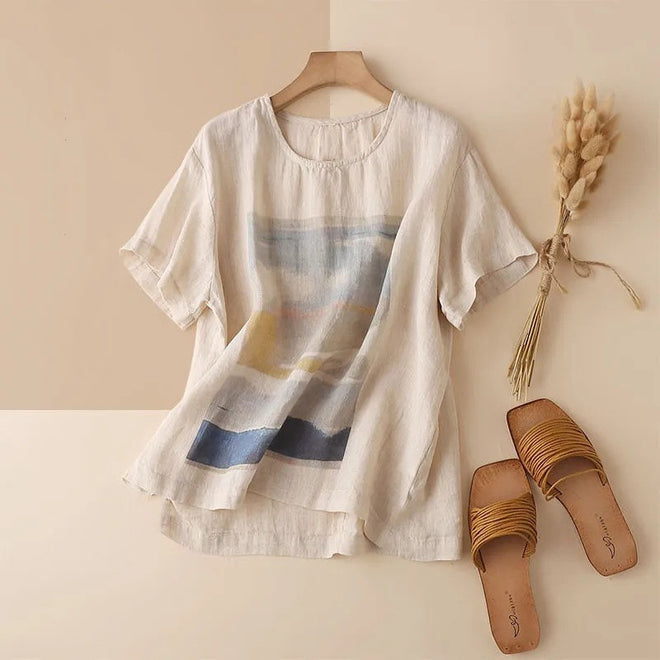 Cotton And Linen T-shirt Women's Loose Large Print Short Sleeve