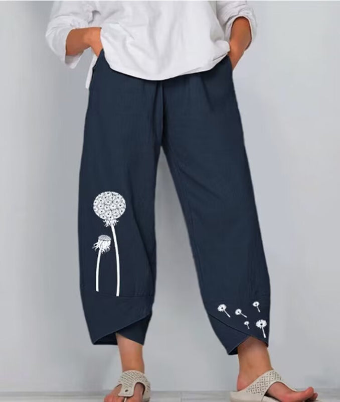 Women's Casual Printed Cotton And Linen High Waist Cropped Pants