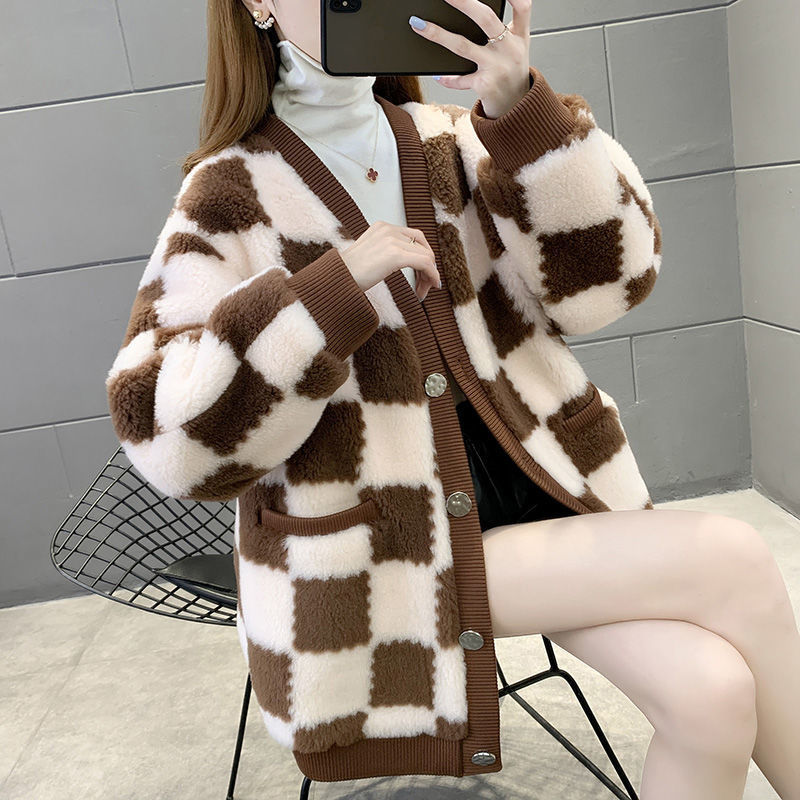 Women's Checkerboard Mid-length Sheep Shearling Coat Cardigan