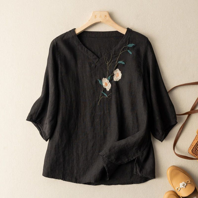 Embroidered Embroidered Loose Art Retro T-Shirt