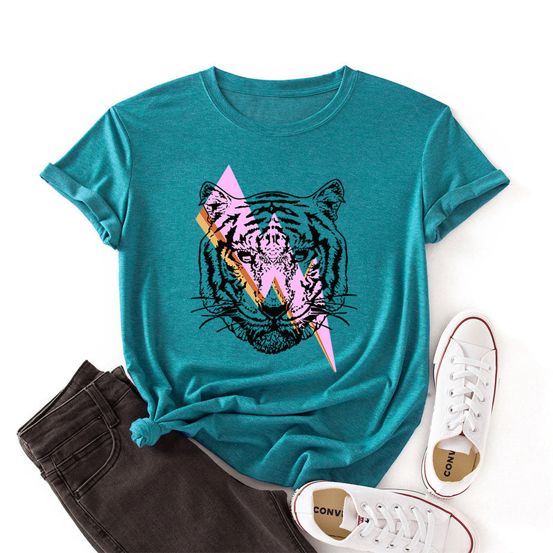 Women's Lightning Tiger Loose Round Neck Color Cotton Short Sleeve T-Shirt