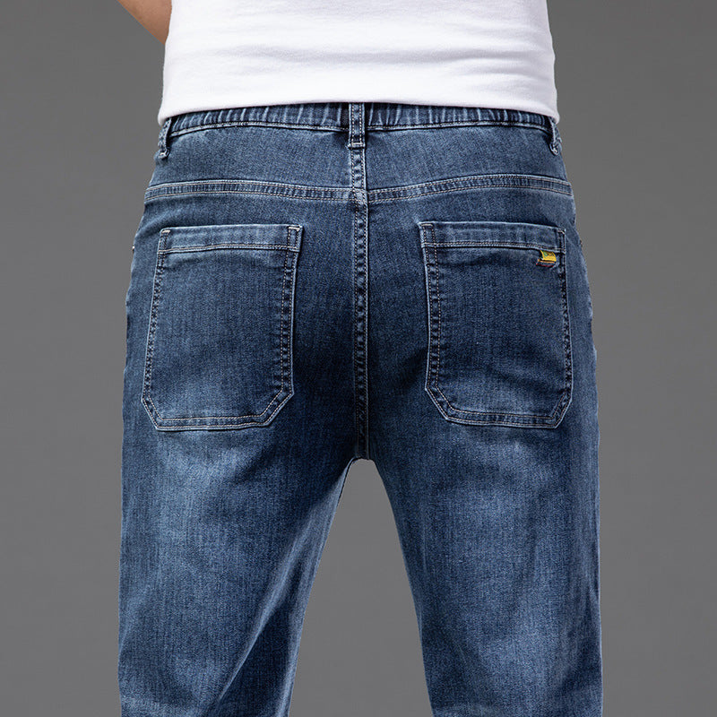 Men's Casual Half Elastic Waist Stretch Denim Trousers