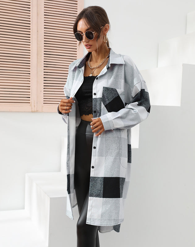 Women's Autumn And Winter Plaid Single-breasted Long Coat