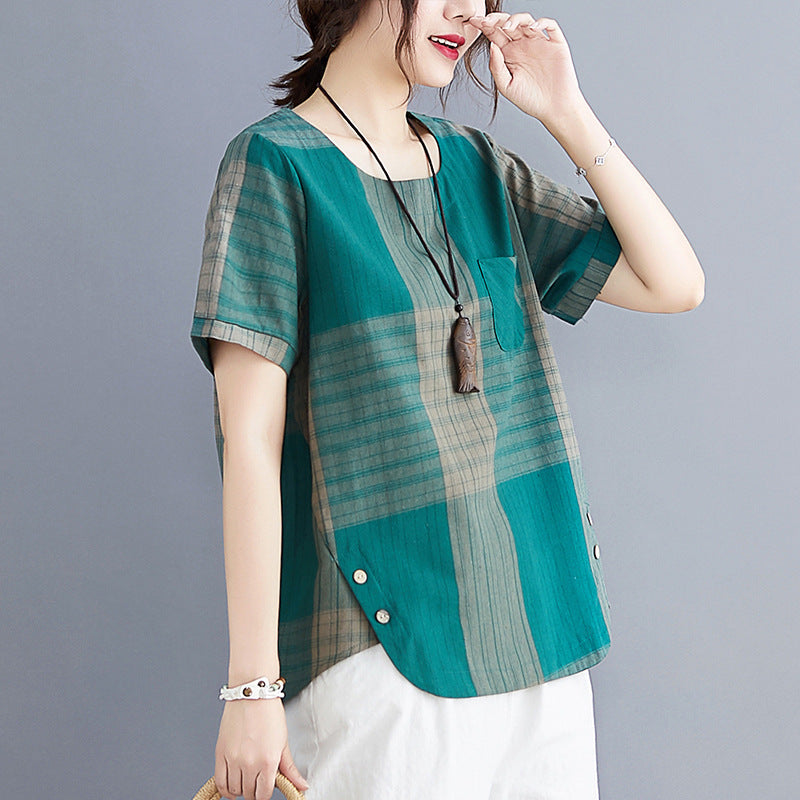 Artistic Plaid Cotton And Linen T-shirt Wear Pullover Round Neck Short Sleeve Top