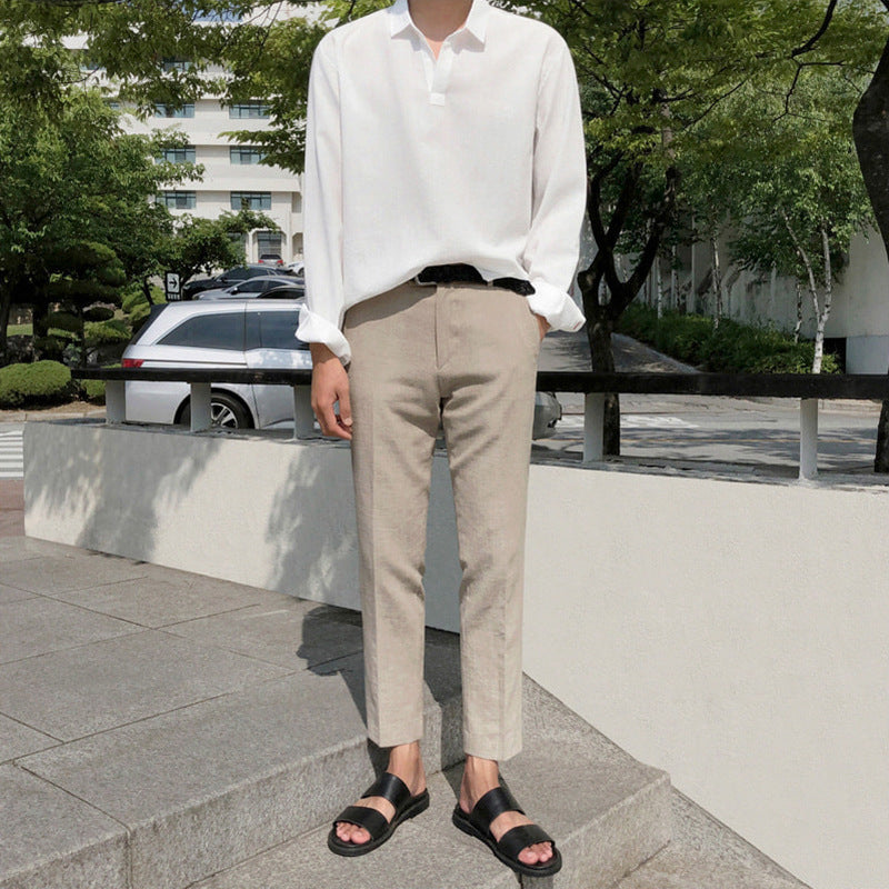 Men's Summer Korean Style Loose Trend Cotton Linen Versatile Ninth Straight Small Suit Pants