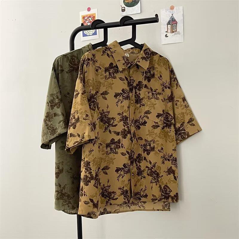 Retro Style Floral Short-sleeved Shirt Women's Niche Hong Kong Style Flower Shirt Top