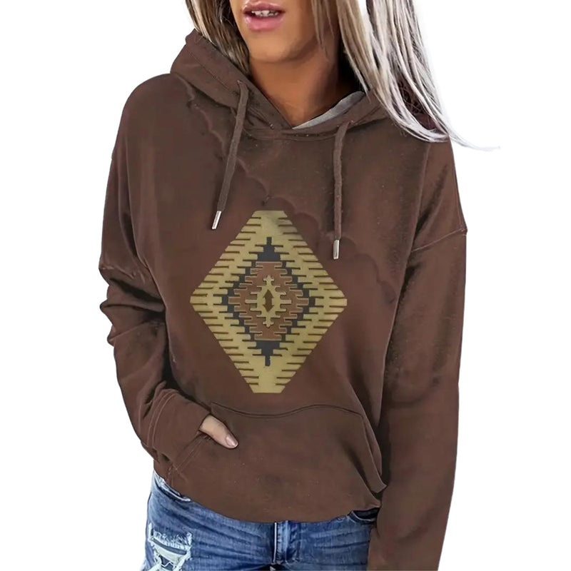 Women's Hooded Multicolor Printing Sports Pocket Drawstring 3D Retro Sweater