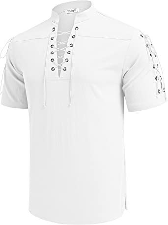 Beach Short Sleeve Lace-up Hippie T-shirt V-neck Pirate Shirt