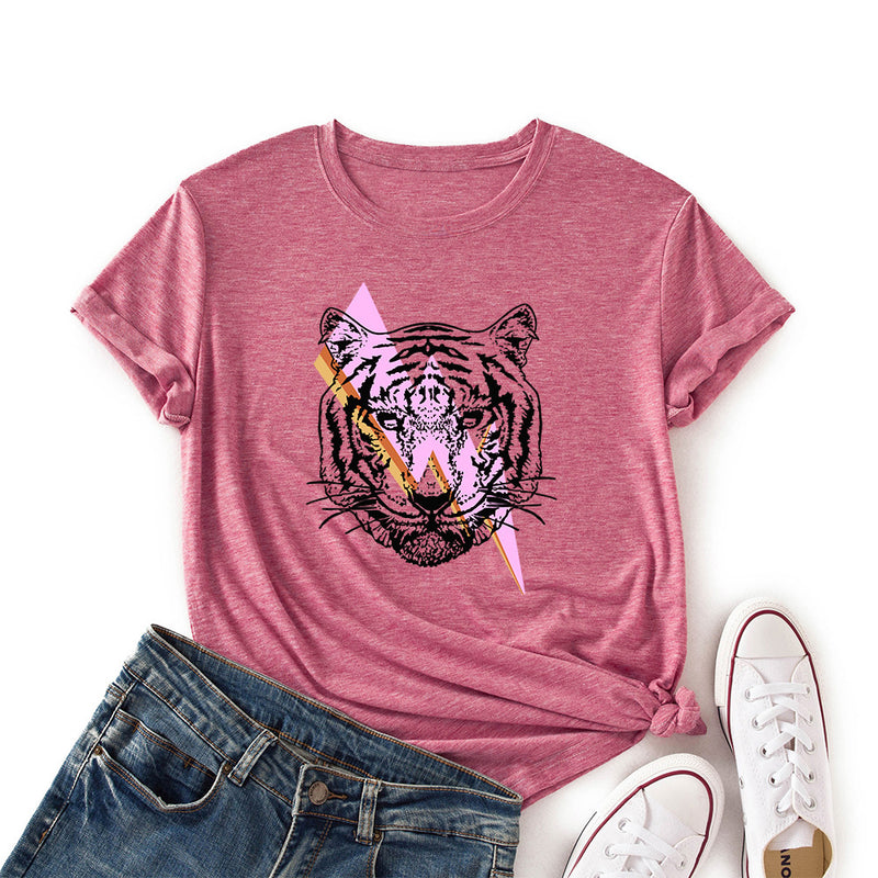 Women's Lightning Tiger Loose Round Neck Color Cotton Short Sleeve T-Shirt