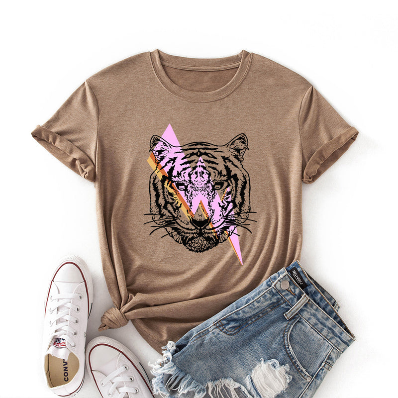 Women's Lightning Tiger Loose Round Neck Color Cotton Short Sleeve T-Shirt