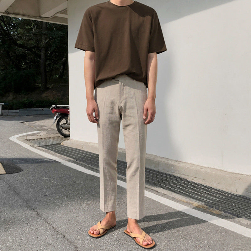 Men's Summer Korean Style Loose Trend Cotton Linen Versatile Ninth Straight Small Suit Pants