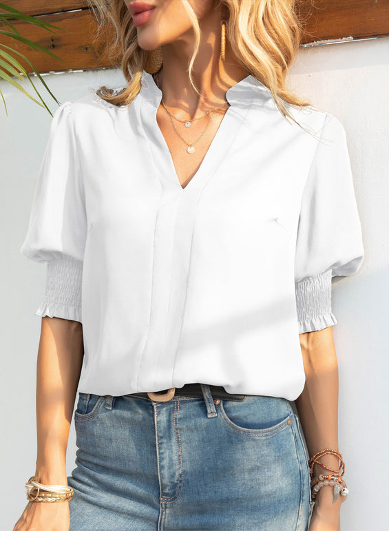 Solid Color Shirt European And American V-neck Chiffon Shirt