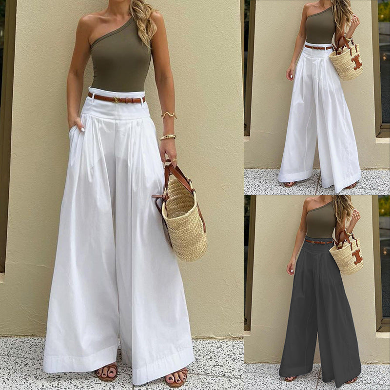 Women's Autumn Fashion Temperament Pure Color High Waist Wide Leg Casual Trousers