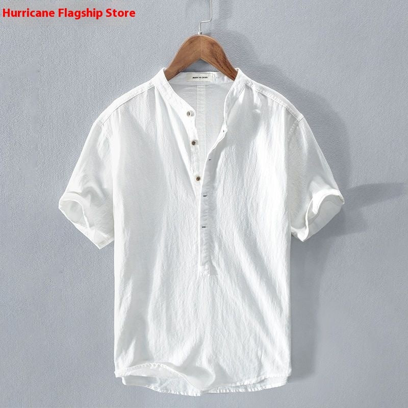 Men's Summer Thin Japanese Stand Collar Linen Short Sleeve Shirt White Versatile Casual Top