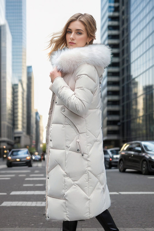 Slim Fit Below The Knee Cotton Coat Big Fur Collar Thickened Padded Jacket