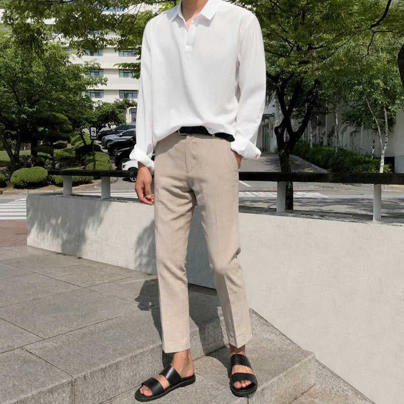 Men's Summer Korean Style Loose Trend Cotton Linen Versatile Ninth Straight Small Suit Pants