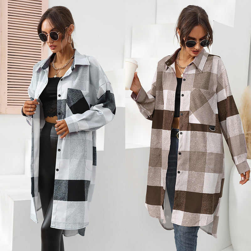 Women's Autumn And Winter Plaid Single-breasted Long Coat